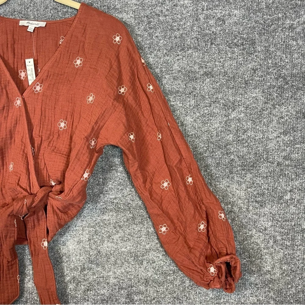Madewell Womens XXS NWT Burgundy Brown Floral Boho Peasant Wrap Crop Long Sleeve - Picture 4 of 9